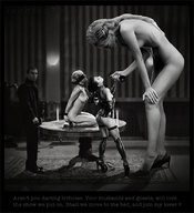 collage nude monochrome long_hair topless mini_giantess bondage fishnets indoors dialogue semi_nude blindfold source_needed bare_butt reddrop7 bare_legs bare_midriff grayscale bare_thighs