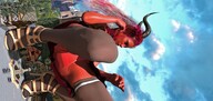 giantess panties horns mega upskirt color clothed demon castle socks red_hair sandals demoness looking_down outdoors sky trees long_socks red_panties louds red_skin digital_render velocity-vektor