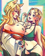 breasts drawing vore blushing blonde color long_hair tongue blue_eyes clothed mouth cleavage yellow_eyes smiling fox_ears hand collar shrunken_people giantesses choker semi_nude ear_piercing akemi aria handled no_background cleavage_window bare_midriff ceresus cat5enpai feeding_tinies