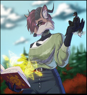 drawing growth giantess furry macro wolf horns size_difference color clothed handheld tiny yellow_eyes hand collar magic clouds outdoors sky choker earrings book reading looking_at_tiny spellbook johndoe1-16 folly854