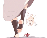 drawing giantess feet wings angel blonde color long_hair clothed toes soles demon smiling story ponytail foot_crush looming robe under_foot closed_eyes halo raised_foot imminent_crush foot_wraps no_background cracked_ground cutaway ncmares yohomeboync yohomeboyraps raps out_of_frame