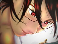 drawing giantess black_hair large_breasts glasses red_eyes smiling red_hair face looming shrunken_man looking_down lab_coat no_background looking_at_tiny picojin nude_tiny shouko close_face