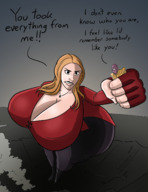 breasts drawing mega alien color large_breasts long_hair butt clothed handheld cleavage huge_breasts angry high_angle gloves boots hand avengers outdoors sky aerial_view necklace dialogue orange_hair looking_at_tiny cleavage_window marvel_comics scarlet_witch caiman2 huge_butt faszsetudja thanos