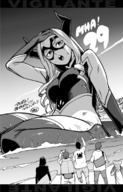 drawing giantess horns mega monochrome large_breasts long_hair clothed beach water superhero gloves unknown_artist sitting thighs outdoors costume source_needed hand_on_head my_hero_academia looking_at_tinies mt._lady grayscale eyemask