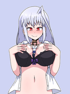 breasts drawing gentle giantess white_hair blushing color large_breasts long_hair cleavage red_eyes smiling shrunken_woman looking_down semi_nude no_background looking_at_tiny nanoha bare_midriff between_breasts inksgirls reinforce hayate_yagami mahou shoujo lyrical