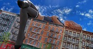 giantess city mega sleeping color clothed buildings lying_down clouds outdoors sky closed_eyes orange_hair digital_render velocity-vektor