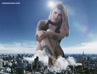 giantess collage city mega blonde color destruction barefoot buildings clouds outdoors sky tattoo looking_at_viewer semi_nude debris bare_legs bare_thighs mrgiantesslover