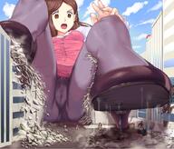 drawing giantess crush pokemon city mega upskirt color destruction clothed high_heels buildings butt_crush pogojo shoes angry brunette brown_eyes camel_toe sitting foot_crush looking_down clouds shoe_crush outdoors monica sky looking_at_tinies sitting_on_ground