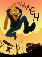 furry cat giant male clothed barefoot fox pants vehicles outdoors jacket dialogue baseball_bat speech_bubble night_in_the_woods chocolategoose mae_borowski greggory_lee