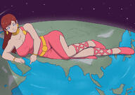 breasts drawing giantess earth giga space color large_breasts blue_eyes clothed planet cleavage skirt ocean finger smiling giganta red_hair dress lying_down earrings belt bracelet stars asia dc_comics yourmaskedditto terra kerifik