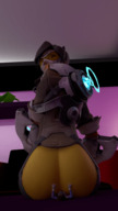 giantess crush color butt clothed butt_crush brunette short_hair unknown_artist sitting indoors looking_back goggles source_needed rear_view digital_render overwatch d.va tracer_(overwatch) sitting_on_tiny