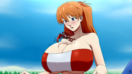 breasts giantess blushing dragoness tail wings size_difference large_breasts long_hair blue_eyes clothed cleavage tube_top huge_breasts underboob neon_genesis_evangelion looking_down clouds outdoors sky monster_girl dragon_girl orange_hair asuka_langley_soryu bouncing scalie looking_at_tiny scarlett bare_midriff ydbunny super-spartan