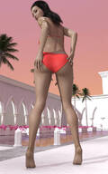 giantess black_hair barefoot smiling lipstick palm_trees nail_polish ankle_bracelet looking_back looking_at_viewer semi_nude rear_view bare_legs armlet smirking bare_midriff bare_thighs