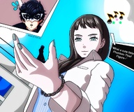 drawing black_hair color long_hair blue_eyes clothed handheld brunette smiling shrunken story hand palm looking_down outdoors nail_polish bracelet dialogue handled looking_at_tiny persona cutaway sweat_drop persona_5 joker_(persona) ren_amamiya stardustyuki persona_5_strikers kuon_ichinose social_link