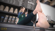 feet color long_hair clothed toes barefoot soles glasses brunette shrunken_woman looking_down indoors hat apron brittany looking_at_tiny digital_render cafe onlyyougts starbucks barista