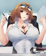 drawing gentle giantess color large_breasts clothed cleavage brunette purple_eyes teston low_angle short_hair sitting shrunken_man open_mouth pen sunglasses indoors desk looking_at_viewer paper cleavage_window between_breasts