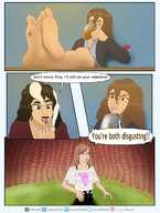 drawing giantess jessie feet vore comic black_hair color long_hair tongue blue_eyes clothed licking barefoot playful red_eyes angry brunette foot_crush stomach drink giantesses rachel on_tongue bare_legs fedextreme mansquishers royalwaffle maryistasty