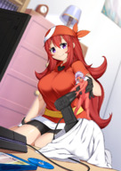 drawing white_hair color large_breasts long_hair clothed handheld green_eyes purple_eyes smiling gloves elf red_hair demoness shorts shrunken_woman indoors black_gloves picked_up gaming red_skin pointed_ears playstation controller bare_legs dracos123 bandana f/f shrinkydinks minimimineko raya