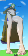 drawing giantess giga city color blue_eyes barefoot buildings green_hair short_hair underboob looking_down clouds outdoors sky fairy_tail tattoo nail_polish bare_legs brandish sizeworkshop bare_midriff looking_at_tinies bare_thighs giatness