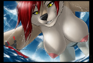 drawing nipples giantess panties furry macro wolf tail mega dog color large_breasts cleavage ocean topless low_angle yellow_eyes smiling red_hair fishing looming tempest looking_down swimming boats clouds outdoors sky dripping notveryathletic semi_nude black_panties looking_at_tiny bare_legs smirking fishing_rod bare_midriff bare_thighs strype handing_breasts cooper