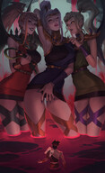 drawing giantess panties hips wings color large_breasts clothed red_eyes blue_hair low_angle yellow_eyes posing green_hair red_hair ponytail dress looking_down giantesses standing video_game thighs nail_polish sideboob bracelet pink_lips looking_at_tiny pale_skin hand_wraps unusual_eyes blue_lips hades alecto zagreus magaera citemer furies green_lips