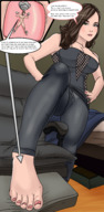 drawing blushing color clothed barefoot cleavage green_eyes brunette domination smiling bondage indoors pedicure nail_polish looking_at_viewer dialogue smirking hannunaki misseri11