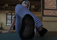 feet color long_hair clothed red_eyes sitting entrapment indoors grey_hair sitting_on_floor digital_render overwatch pharah shoe_entrapment ashe