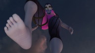 crush feet color clothed barefoot cleavage purple_hair low_angle yellow_eyes underboob foot_crush looking_down clouds outdoors sky under_foot tattoo point_of_view raised_foot imminent_crush looking_at_tiny digital_render cleavage_window grey_skin overwatch widowmaker smirking bananaboy4