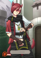 drawing blushing tail color giant male clothed red_eyes cat_ears red_hair short_hair hand shrunken_man teasing crotch outdoors necklace handled spokle ffxiv catboy graha_tia hiding_in_clothing macro_micro