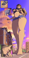 drawing growth city color long_hair barefoot buildings brunette low_angle yellow_eyes underboob kissing hand looking_down clouds outdoors sky nail_polish ripped_clothing semi_nude handled looking_at_tiny bare_legs zerohour99 bare_midriff bare_thighs gtslover15