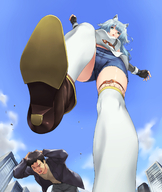 drawing giantess crush feet city mega color long_hair blue_eyes clothed high_heels blue_hair shoes cat_ears teston low_angle socks underboob foot_crush shorts unaware clouds outdoors sky under_foot point_of_view thigh_highs raised_foot long_socks white_socks perspective imminent_crush bulidings