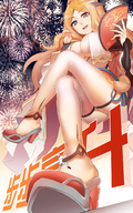 drawing giantess blonde color long_hair blue_eyes clothed cleavage climbing low_angle sitting underboob kitsune shrunken_man japanese_text fireworks legs_crossed chaser cleavage_window bare_legs azur_lane tampuru oriental_fan