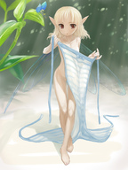 drawing nude panties wings blonde color fairy brown_eyes short_hair outdoors striped_panties pointed_ears shikkaku mini_girl moeouirakonn