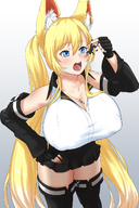 breasts drawing vore blonde color large_breasts long_hair blue_eyes clothed cleavage skirt finger huge_breasts hand shrunken_person thighs nail_polish wolf_ears imminent_vore handled no_background looking_at_tiny cleavage_window rakia between_breasts