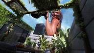 giantess city color buildings low_angle smiling clouds outdoors sky grey_hair semi_nude digital_render bare_midriff velocity-vektor