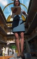 giantess color clothed low_angle smiling indoors flats grey_hair digital_render bare_legs velocity-vektor