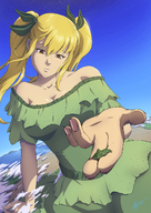 drawing giantess landscape giga blonde color clothed handheld cleavage finger smiling dress twintails hand looking_down clouds outdoors sky clover nail_polish hair_ribbon ribbons on_finger zerohour99 looking_at_tinies amber_eyes zengtailu