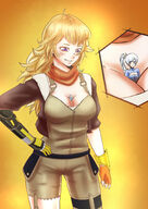 drawing gentle white_hair blonde color large_breasts clothed cleavage purple_eyes smiling shrunken_woman looking_down no_background looking_at_tiny white_eyes rwby yang_xiao_long cleavage_window weiss between_breasts prosthetic dubious_lamb