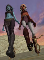 breasts giantess horns mega alien color robot blue_eyes skirt brown_eyes gloves boots foot_crush blue_skin star_wars giantesses pants tentacles towering outdoors top belt running_away bellybutton impending_doom looking_at_tiny digital_render orange_skin togruta roodedude bare_midriff ahsoka_tano aayla_secura jedi ahsoka Mega lekku battle_droid twilek