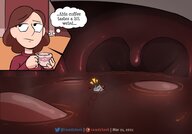 drawing vore color tongue mouth brunette short_hair drink unaware inside_mouth coffee swallowed indoors thought_bubble hilda_(series) alfur lewdssonk johanna_(hilda) itsgguy