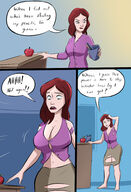 breasts drawing growth comic color large_breasts long_hair clothed barefoot cleavage skirt green_eyes giganta red_hair mini_giantess teacher indoors ripped_clothing dialogue dc_comics bare_legs outgrowing_clothes bare_midriff caiman2