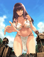 drawing color long_hair destruction barefoot cleavage buildings brunette teston low_angle yellow_eyes smiling hand looking_down clouds outdoors sky choker trees looking_at_viewer semi_nude barbarian loincloth bare_legs armlet bare_midriff fort barbarian_girl bare_thighs