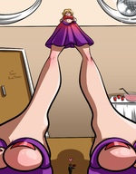 drawing feet blonde color blue_eyes clothed toes skirt tiny low_angle short_hair shrunken_man looking_down indoors flip_flops nail_polish point_of_view perspective looking_at_tiny ant_bully bare_legs prom tiffany_nickle bare_midriff picjusbro ameliaafterdark