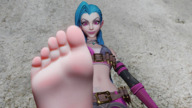 crush feet color long_hair clothed toes barefoot soles blue_hair smiling foot_crush pink_eyes under_foot choker point_of_view raised_foot imminent_crush digital_render sadistic_smile bare_midriff jinx_(league_of_legends) bananaboy4