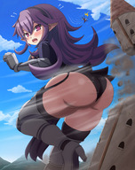 drawing giantess crush panties blushing city mega color long_hair butt destruction clothed butt_crush purple_hair purple_eyes boots skyscraper tower mountains clouds outdoors sky semi_nude black_panties hairband thedaibijin huge_butt thicc disgaea_lost armor_knight shadow14