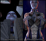breasts giantess earth giga city alien space comic color large_breasts butt armor blue_eyes clothed planet cleavage buildings huge_breasts blue_skin collar freckles point_of_view belt dialogue stars imminent_crush digital_render cosmic_giantess mass_effect liara cleavage_window liara_tsoni asari cupping_breasts between_breasts terra env_light