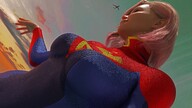 giantess giga color clothed smiling moon pink_hair short_hair supergirl airplane clouds sky sunset digital_render velocity-vektor looking_at_tinies