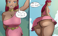 breasts drawing giantess panties mega upskirt comic color large_breasts butt blue_eyes cleavage skirt low_angle giganta red_hair ponytail dress clouds outdoors sky costume point_of_view sideboob earrings belt dialogue rear_view behind_view dc_comics bare_legs caiman2 robmichael561 biting_lips lookinh_at_viewer