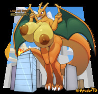breasts drawing nipples giantess pokemon nude pussy furry dragoness horns tail wings city mega color large_breasts barefoot cleavage buildings huge_breasts topless purple_eyes smiling fire looking_down dialogue scalie charizard bare_legs bare_midriff knoem chari-gal bare_thighs aradortd