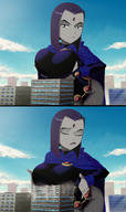 breasts drawing giantess crush panties city mega comic color large_breasts butt destruction clothed cleavage buildings purple_hair breast_crush purple_eyes raven teen_titans short_hair cartoon looking_down standing clouds thighs outdoors sky closed_eyes cape belt leotard panels squeezing leaning_forward sigh dc_comics bare_legs grey_skin cupping_breasts ravenravenraven looking_at_tinies pale bare_thighs breast_lift